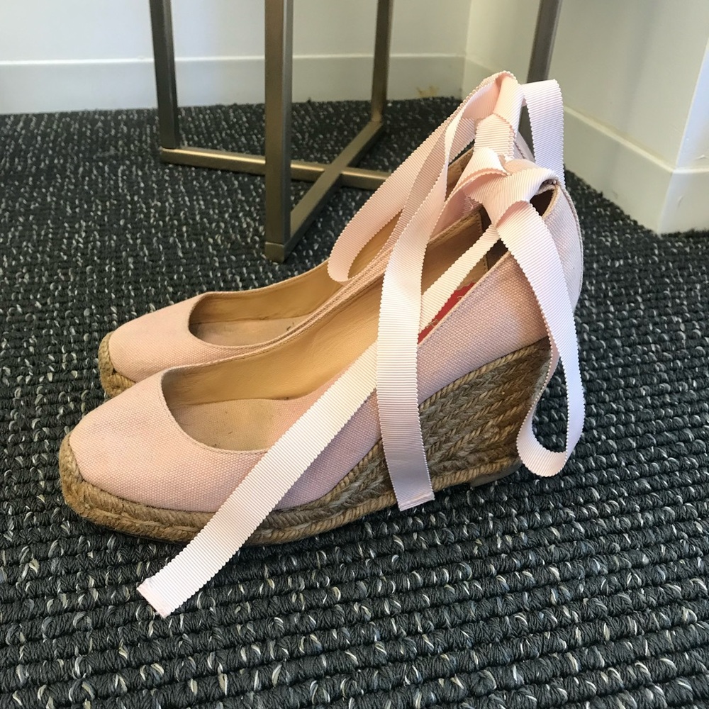 Christian Louboutin Espadrilles Pink Ribbon Wedge Dainty Ballet 7 7.5